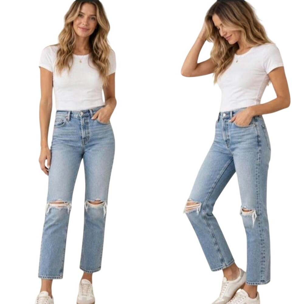 Riley High Rise Straight Distressed Crop Retro 90s Minimalist Casual Jeans Sz 27